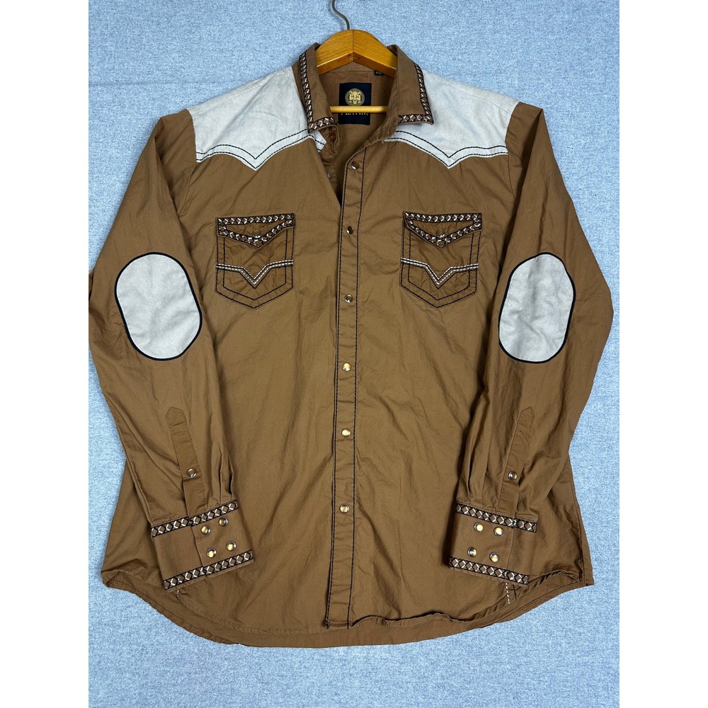 Platini Western Pearl Snap Shirt 2XL Brown Suede Yoke Elbow Patch Embroidered